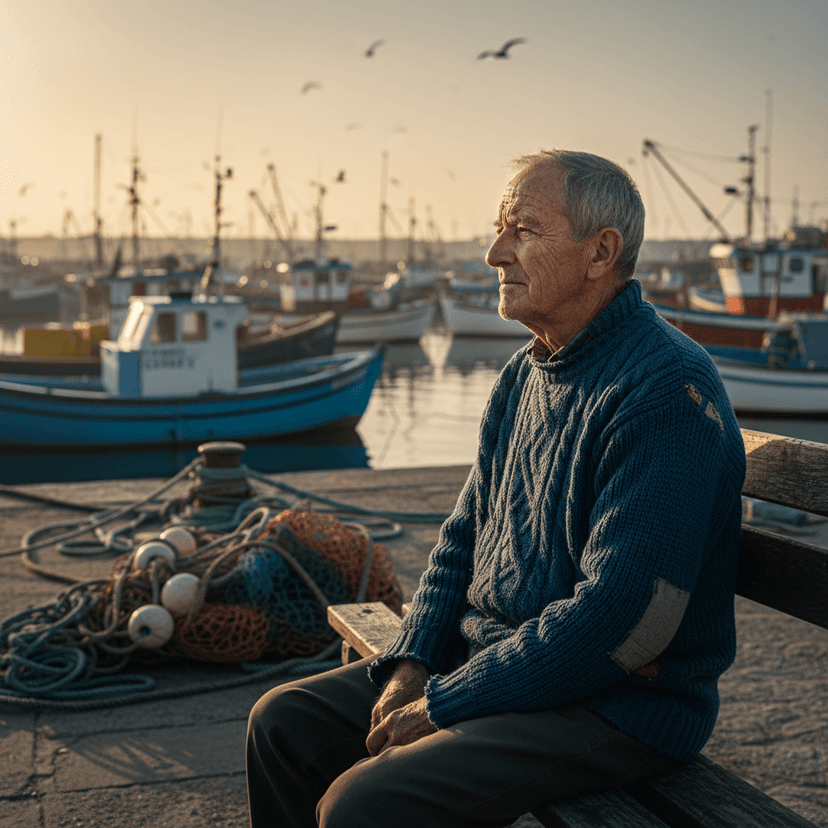 AI-generated fisherman at harbor